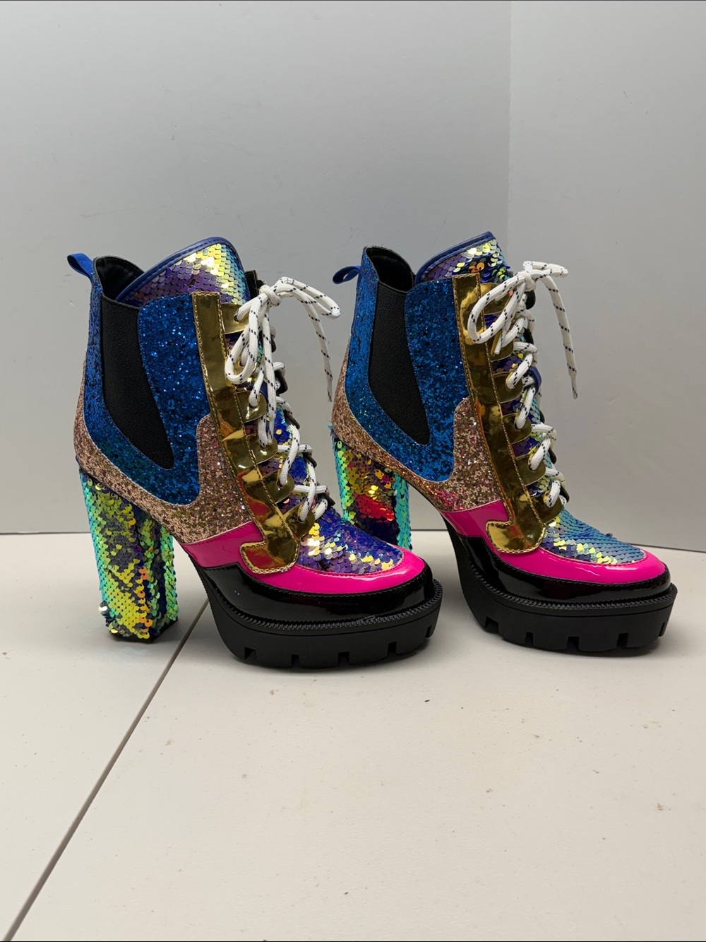 Cape Robbin Nell Chunky Boots Sequin Glitter Platform Pink Gold Sz 7.5 - Picture 5 of 6